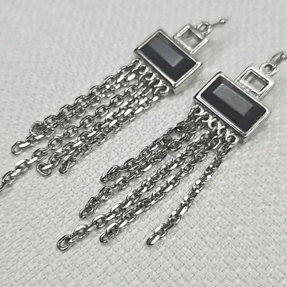 Lia Sophia Statement Earrings with Gray Rectangle & Silver Chain Link Dangles